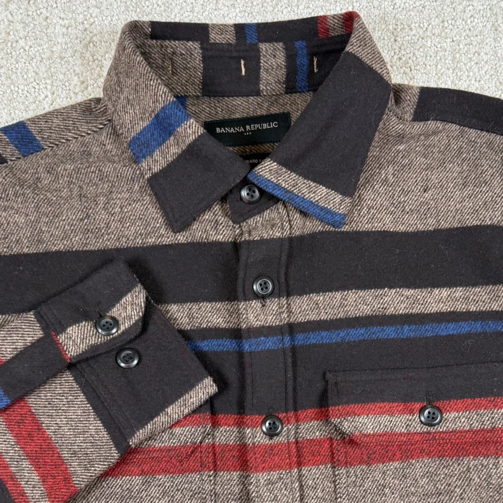 Banana Republic Mens Small Brown Striped Wool Blend Flannel Shacket Shirt